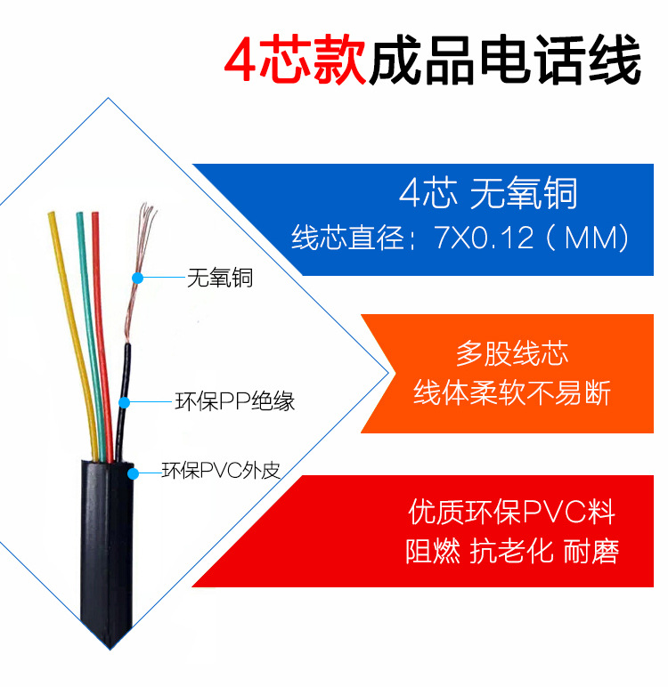 广东深圳四芯电话成品线4p4c/6p4c水晶头纯铜7*0.12mm多股2米灰色电话跳线