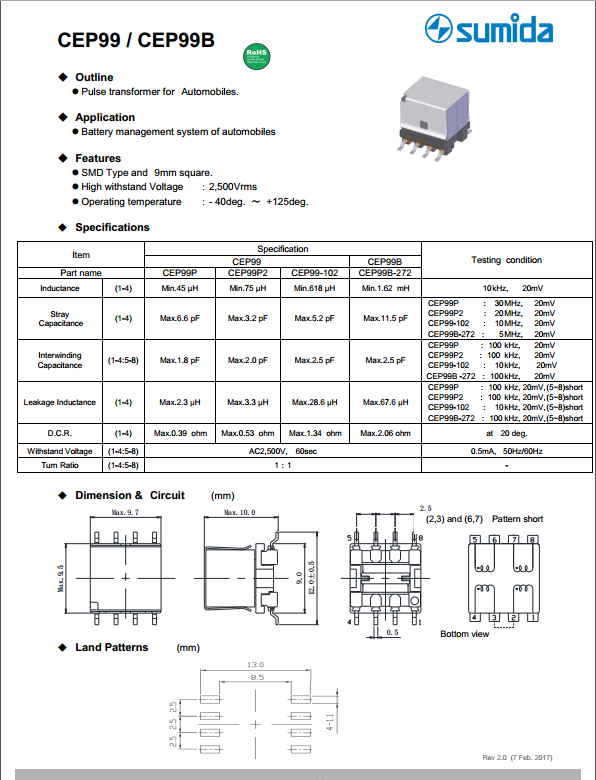 广东广东sumida代理商供应新能源汽车电量监管系统专用脉冲变压器CEP99