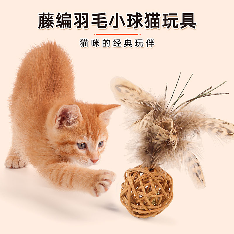 山东青岛厂家批发猫咪玩具啃咬解闷宠物用品编制球羽毛猫玩具逗猫器耐咬 舔舔乐藤编羽毛小球