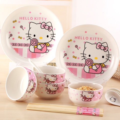 Hellokitty餐具14头叮当猫可爱卡通陶瓷碗碟套装韩式