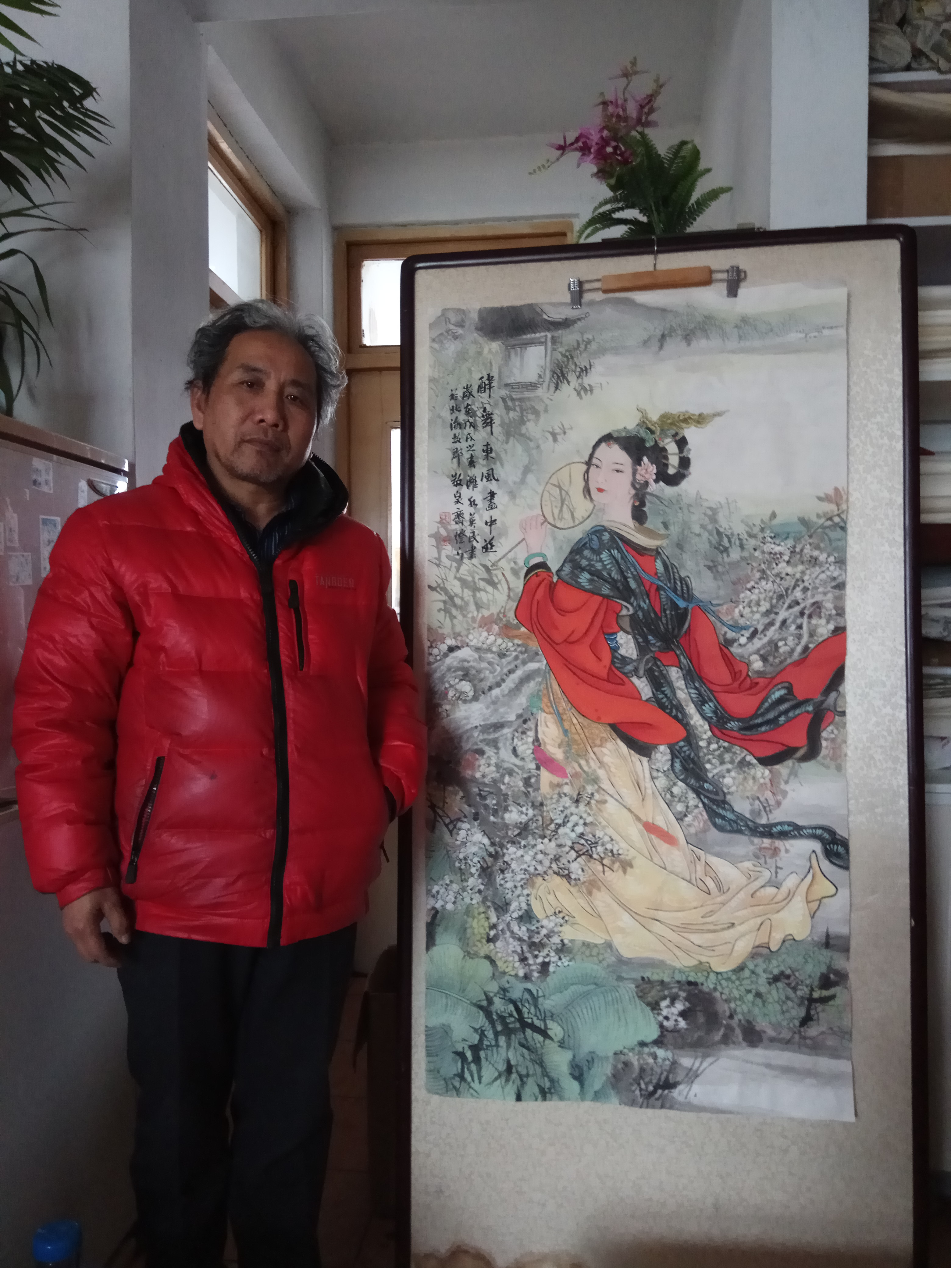 山东国画名家王英民精品四尺人物画畔舞东风画中游